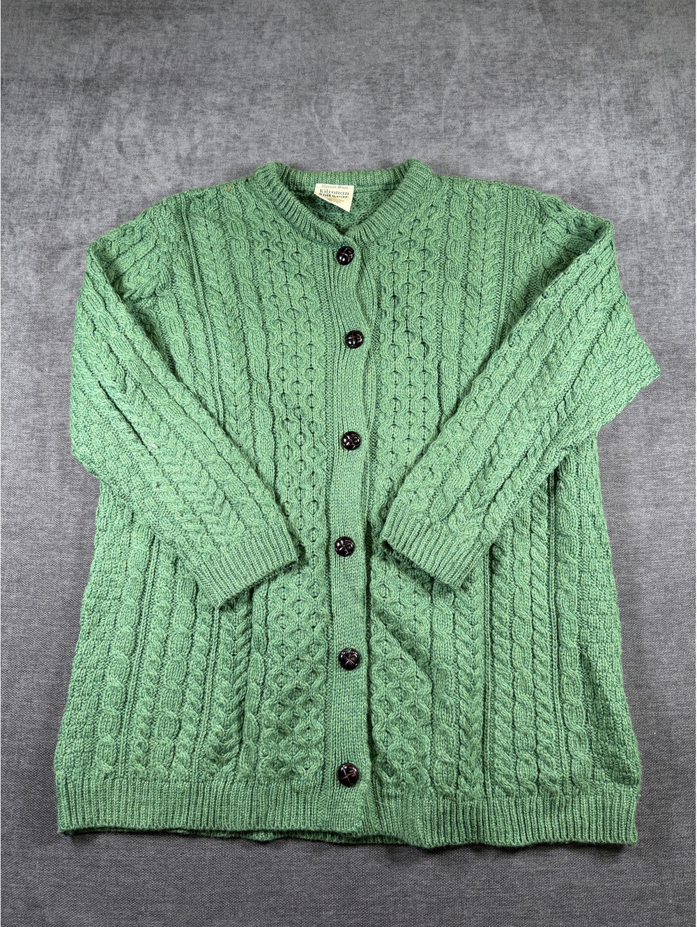 Kilronan Knitwear Merino Wool Green Cable Knit Cardigan Sweater Made in Ireland